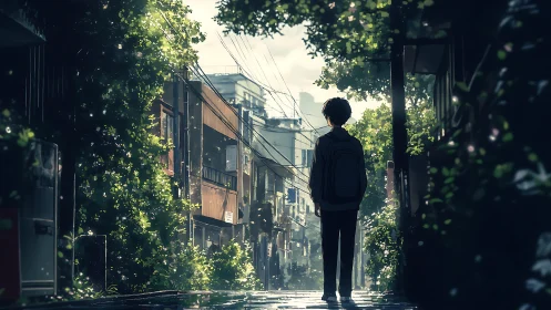 Solitary student in quiet sunlit alley after rainfall.