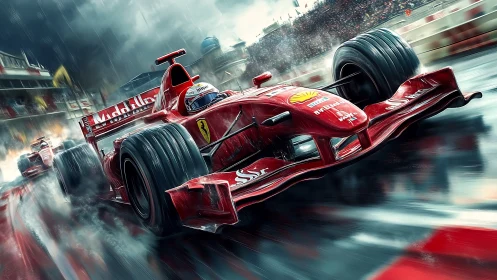 Red Formula race car powers through wet circuit corner at speed