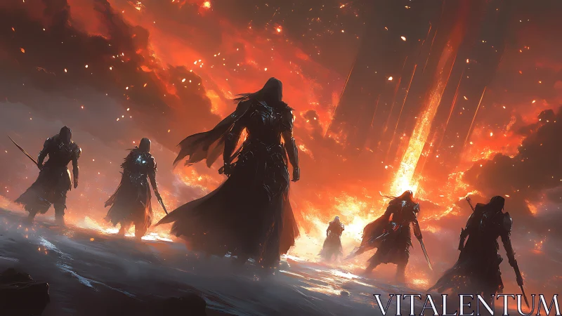 Hooded figures with weapons before large fiery sky event.