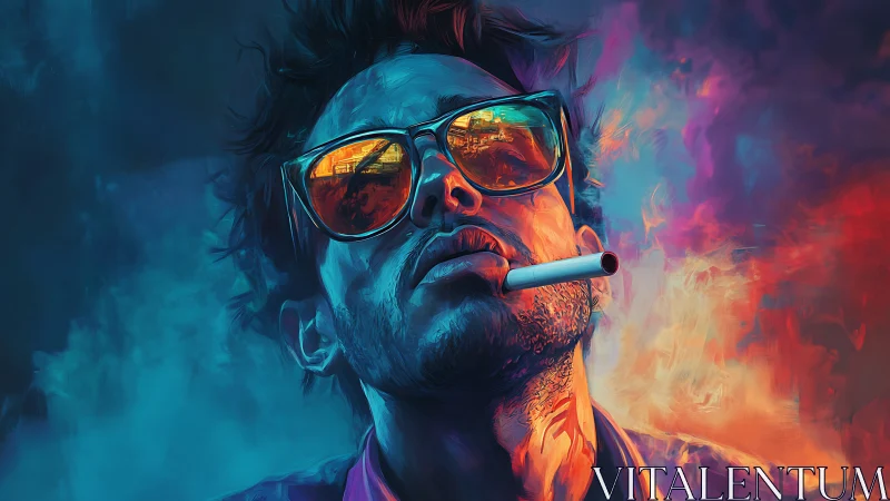 Neon-lit digital painting portrait with cinematic color splits.