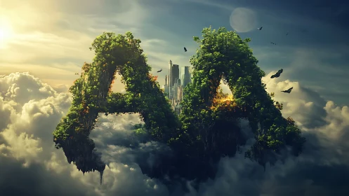 Floating forest letters form surreal gateway cityscape.