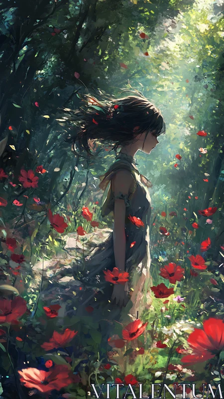 Girl standing in sunlit forest filled with red flowers.