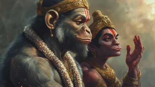 Divine simian deities in ornate golden regalia portrait.