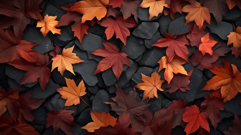 Red and orange maple leaves lie on dark, smooth stones