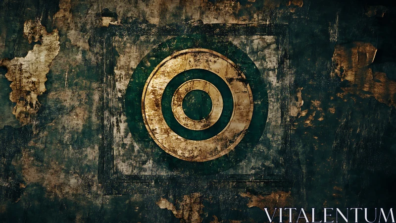 Aged concentric target emblem glows from distressed metal wall