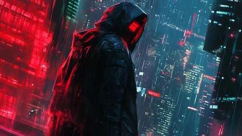 Hooded cyberpunk watcher overlooks neon city in rain