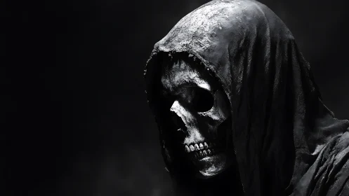 Grim reaper portrait in high-contrast monochrome lighting.