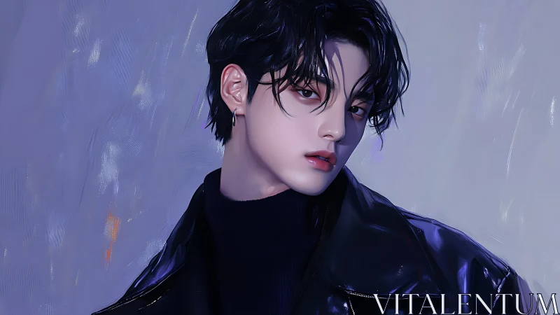 Cool-toned digital portrait of androgynous youth in glossy jacket