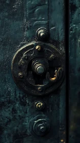 Rustic mechanical lock assembly occupies a vertical metal panel