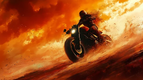Motorcycle rider cornering through fiery dust storm at sunset