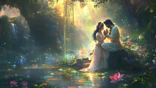 Two souls converge in luminous woodland sanctuary.