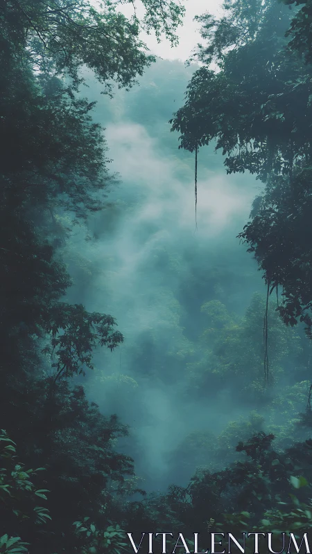 Mist-Shrouded Rainforest Canopy with Suspended Vines