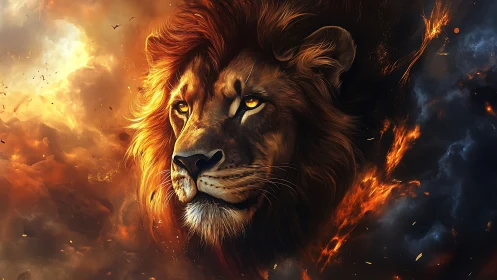 Lion head in contrasting fire and smoke environment.