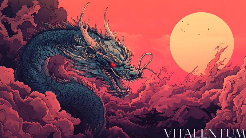 Chromatic storm-dragon coiled against saturated solar horizon.