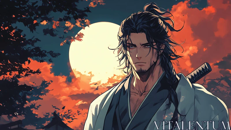 Samurai swordsman under harvest moon with fiery dusk clouds