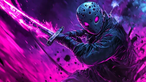 Masked figure holds glowing sword in high-contrast neon field