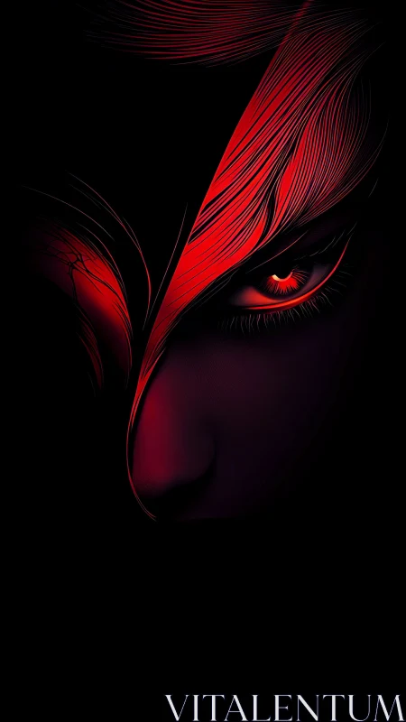 Red-lit partial face with stylized eye occupies dark frame