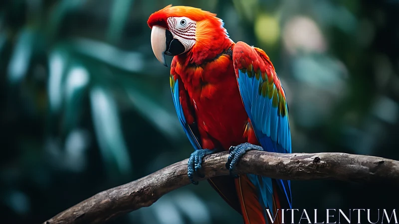 Vibrant Scarlet Macaw Perched on Branch, Lush Jungle Background.