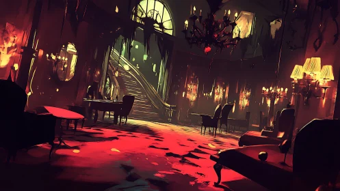 Haunted grand hall glows in sinister red and golden light