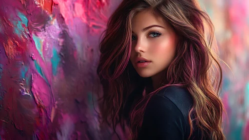 Digital portrait beside iridescent abstract impasto wall.