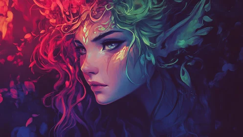 Elf portrait in vivid neon reds, greens, and blues.
