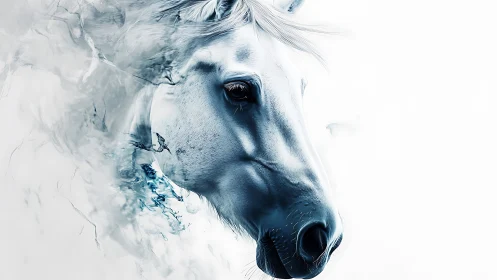 Gentle white horse emerges in soft misty watercolor light