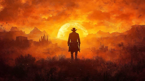 Silhouetted gunslinger against blazing desert sunset sky