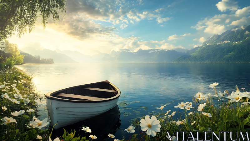 Sunlit rowboat rests on alpine lake amid luminous wildflowers