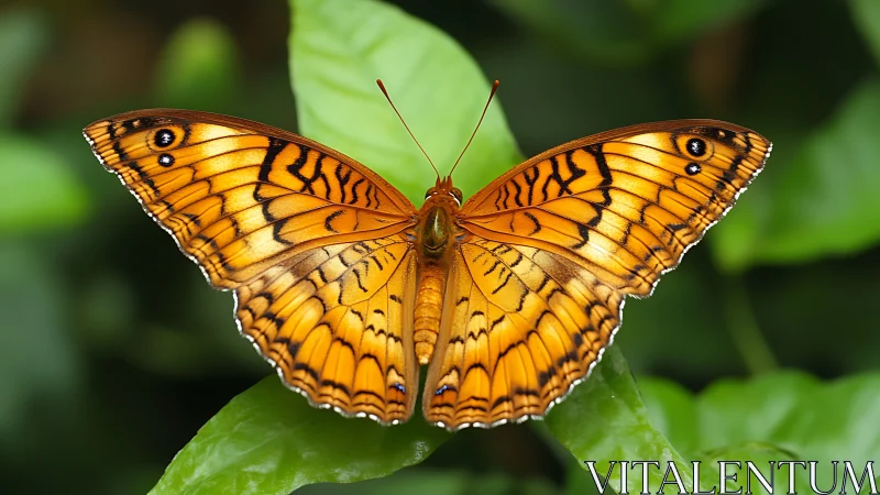 Macro study of orange butterfly symmetry on green foliage.
