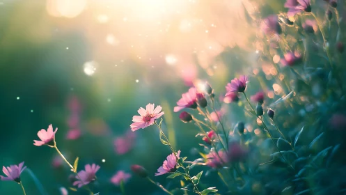 Pink Flowers Blooming in Golden Sunlight