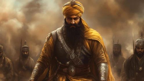Sikh warrior leader in ornate armor stands before armed retinue
