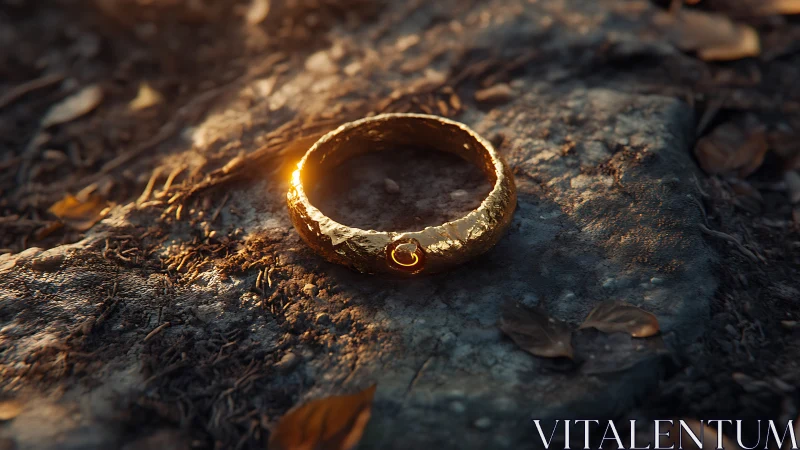 Photorealistic golden ring on weathered stone ground plane.