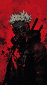 Post-apocalyptic gasmask operative in splatter-ink crimson field.