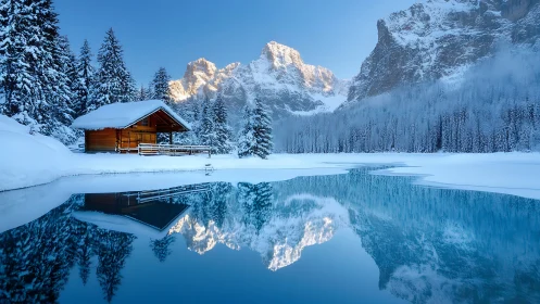 Snowy lakeside cabin under alpine mountains at sunrise.