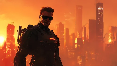 Armored cybernetic soldier faces neon city at burning sunset
