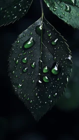 Dark green leaf carries sharp raindrops in dramatic closeup