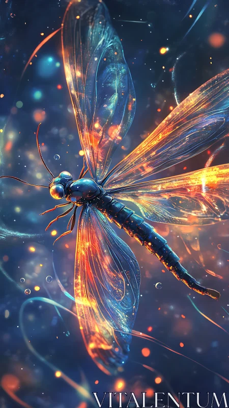Iridescent dragonfly rendered in luminous digital colors.