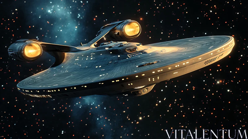 Futuristic starship with illuminated engines in deep space.