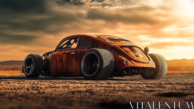 Custom widebody hot rod coupe on desert dirt road at sunset.
