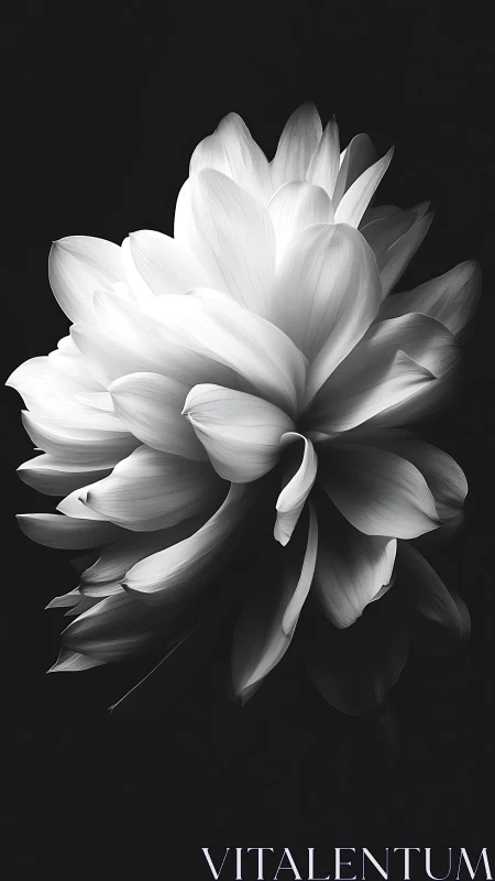 Monochromatic Dahlia Petals Unfurling Against Darkness.