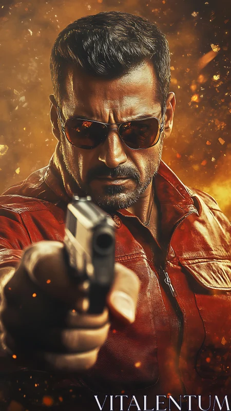 Smoldering gunslinger locks on target in blazing embers storm.