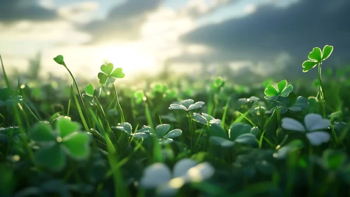 Macro clover field with dewdrops under backlit sunrise glow.