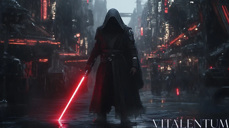 Hooded warrior with red energy blade in rainy city street.