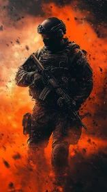 Armored soldier striding through blazing orange chaos.