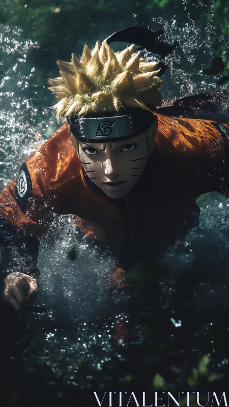 Dynamic low-angle render of spiky-haired ninja sprinting through water