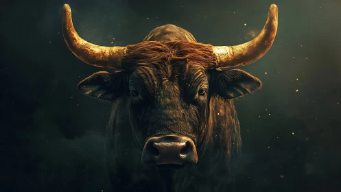 Majestic horned bull meets your gaze in warm golden light