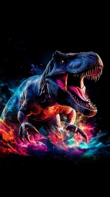 Neon T. rex roaring through swirling cosmic colors.