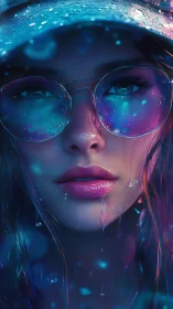 Neon rain rewrites her gaze into a quiet electric storm