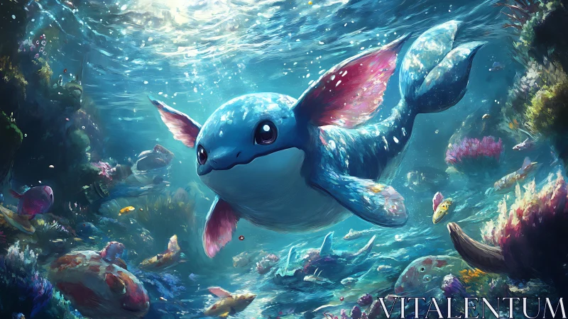 Playful fantasy sea creature in luminous coral reef waters.