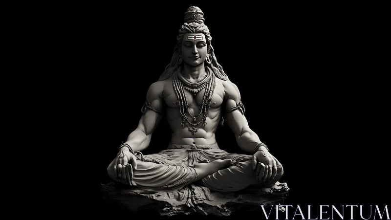 Monochrome 3D render shows seated deity in meditation